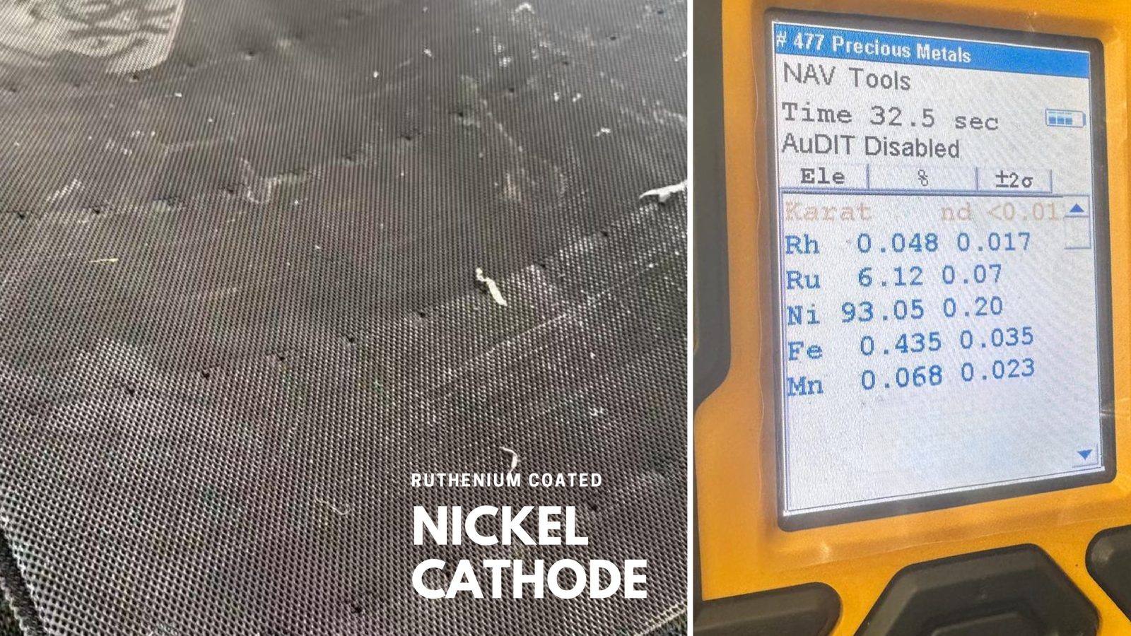 Ruthenium coated nickel cathode with XRF analysis
