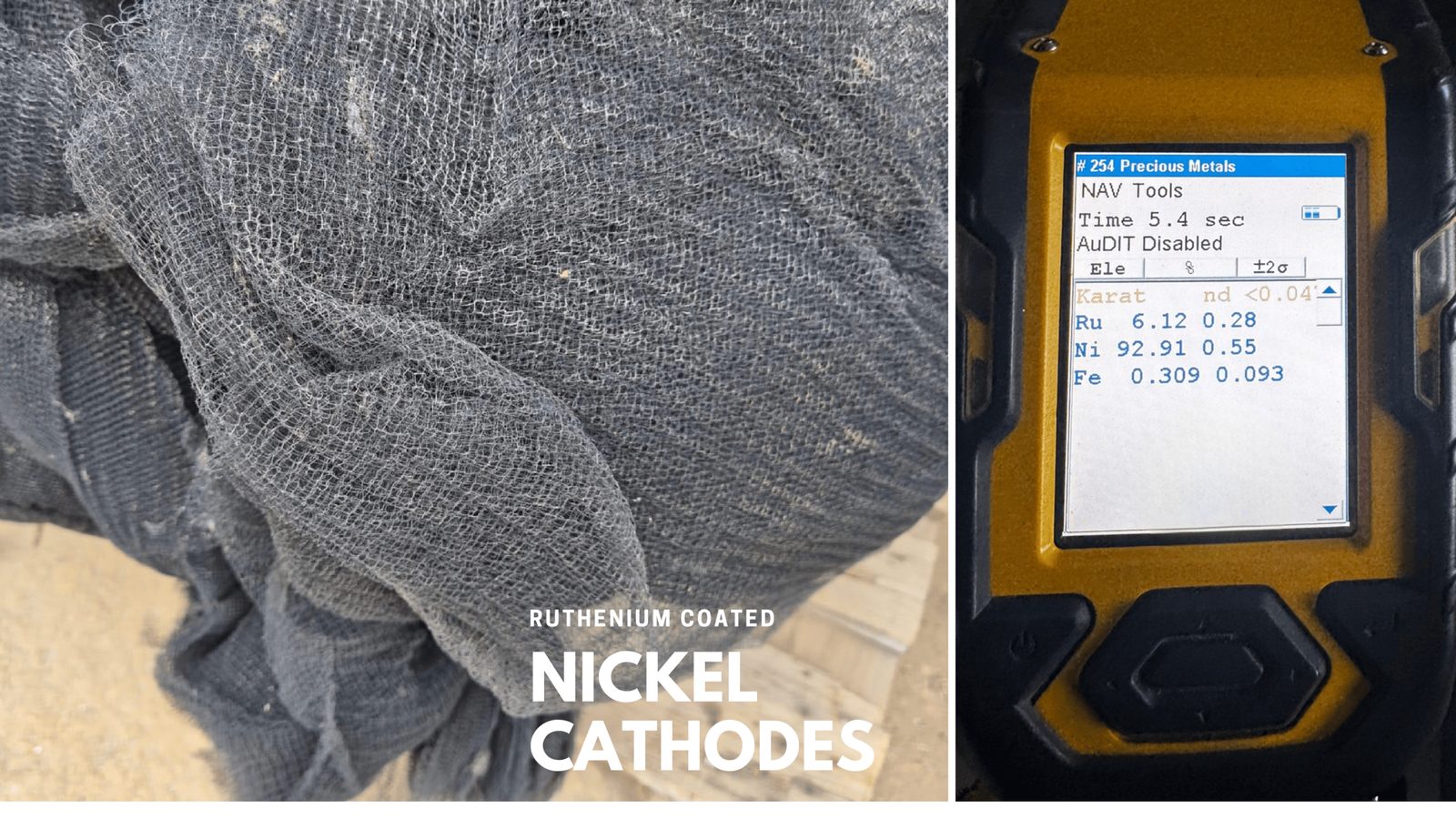 Ruthenium coated nickel cathodes with precious metal assay