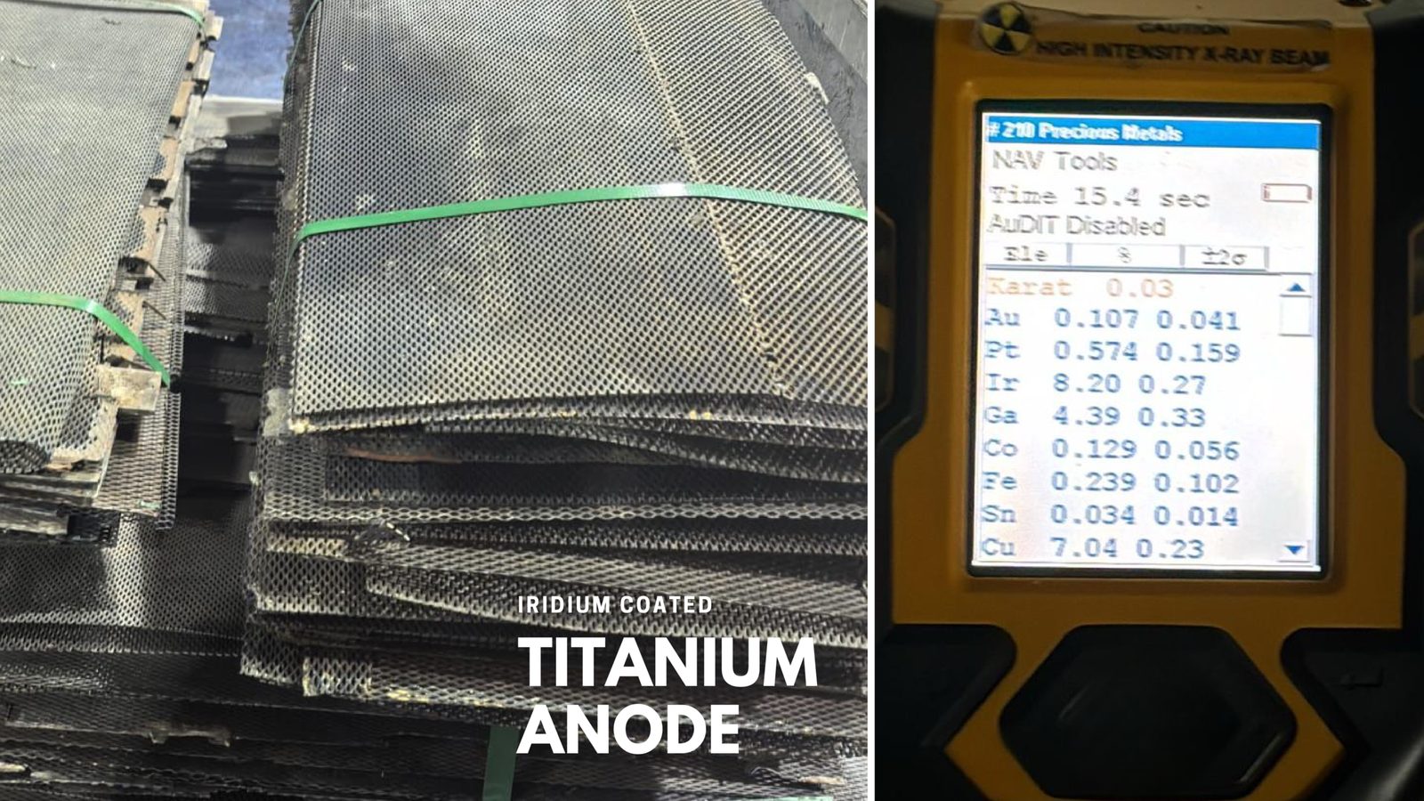 Iridium coated titanium anode stack with precious metal assay
