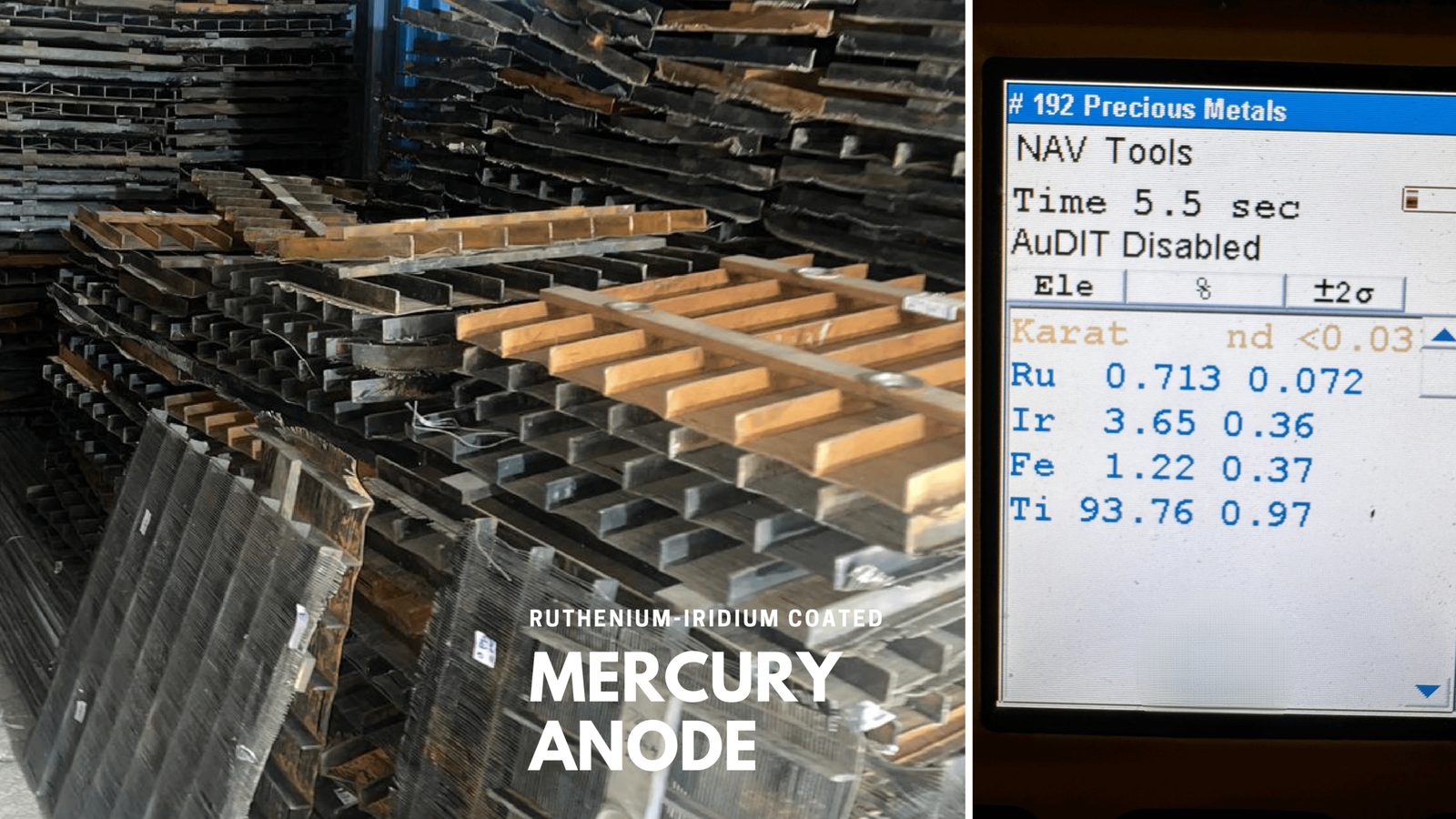 Ruthenium-iridium coated mercury anode stack with assay